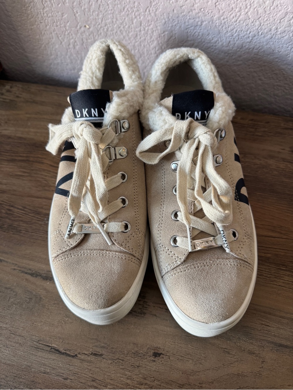 DKNY Tan Platform Sneakers with Fur Lining